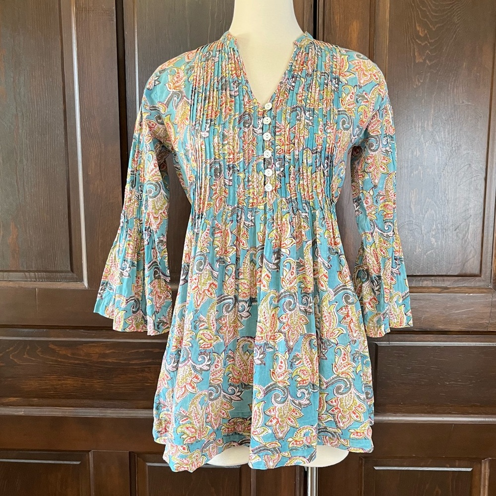 Passementrie Ofelia Blouse Women's S Tunic Top Paisley Floral Pintucks Cotton